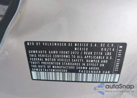 2014 Volkswagen Jetta 2.0L S z USA, uszkodzony, nr VIN 3VW2K7AJ7EM306388